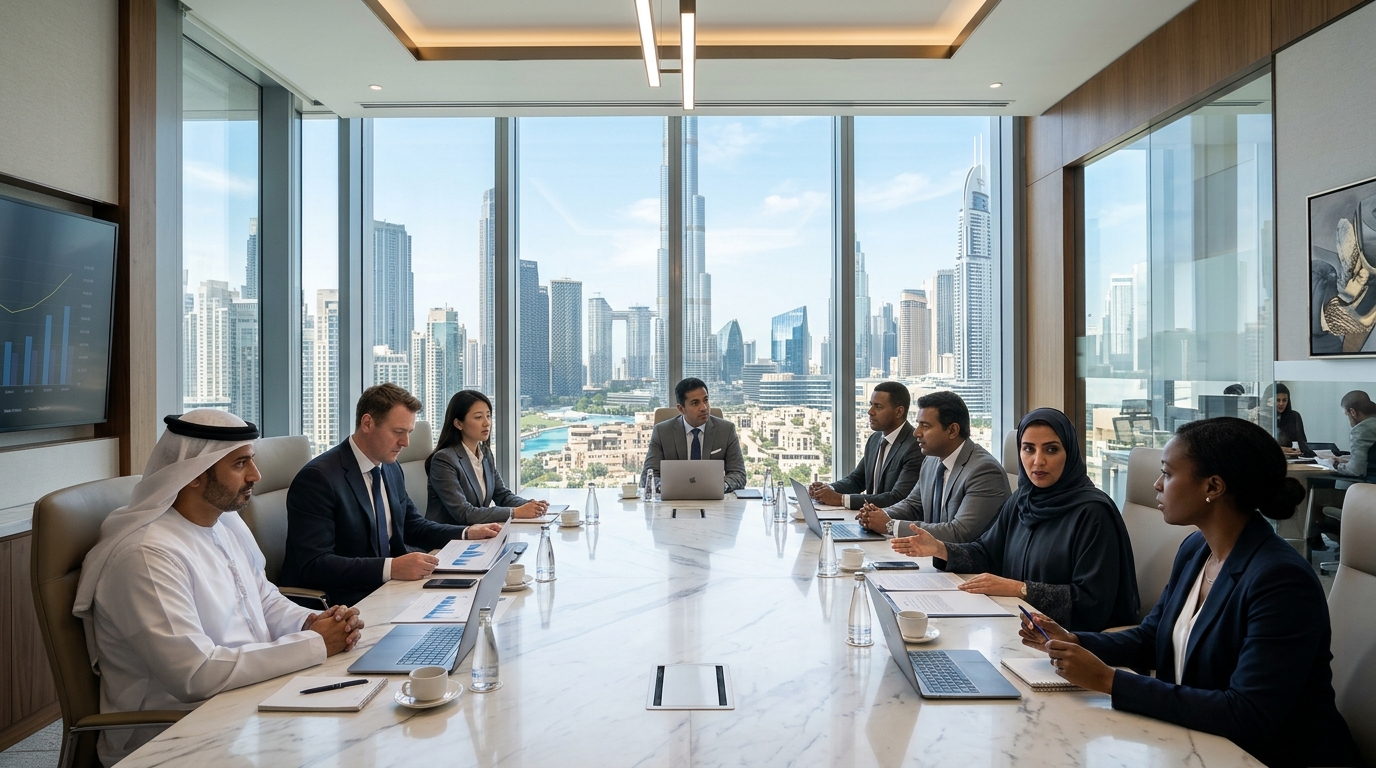 Executive Strategy Boardroom in Dubai overlooking Burj Khalifa